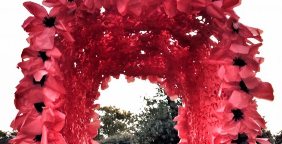 Poppy archway made with children for Remembrance weekend in Waddington