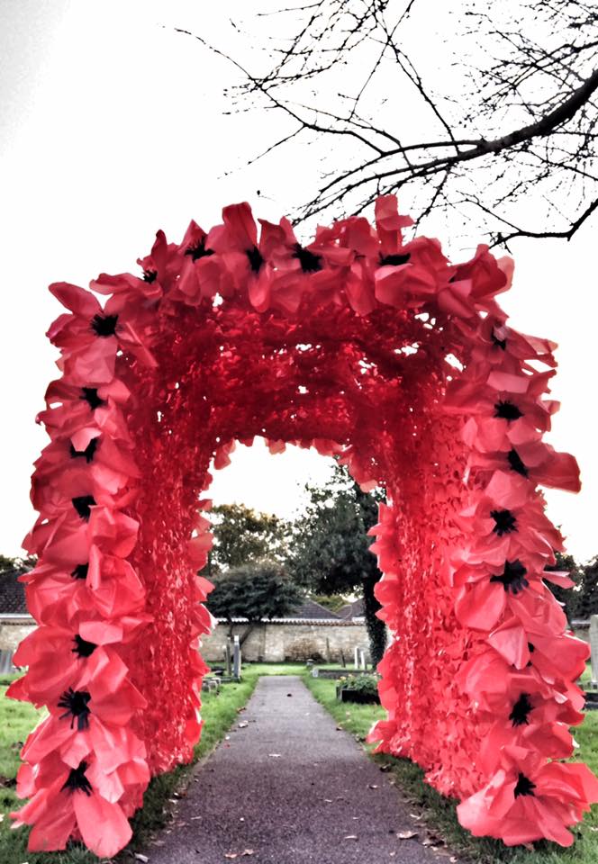 Poppy archway made with children for Remembrance weekend in Waddington